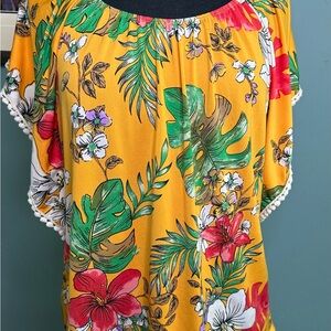Rue Juju Yellow Floral Tropical Print Blouse Size Small